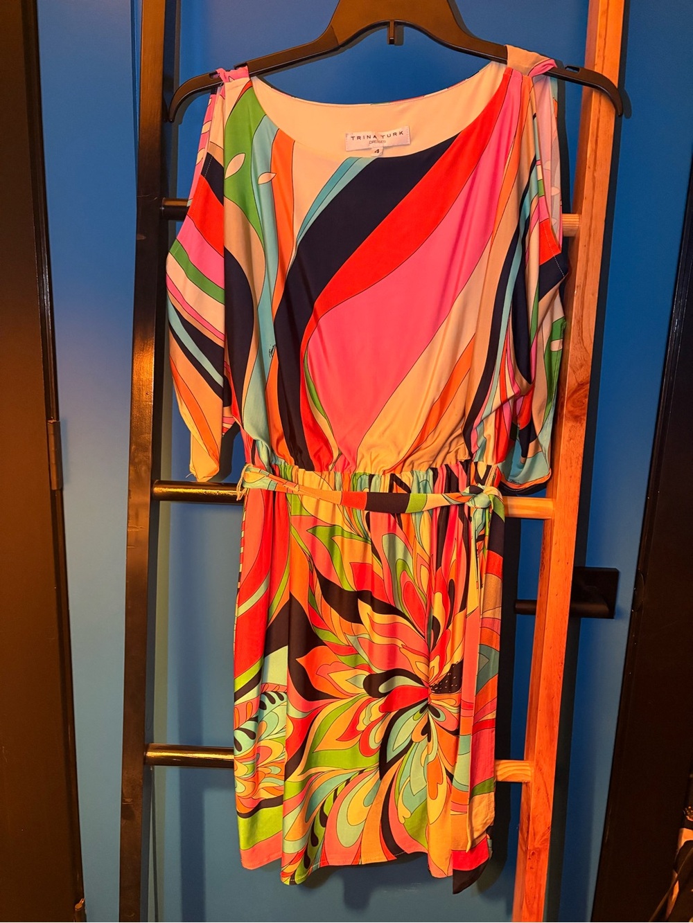 Trina Turk Pink Multicolor Abstract Cold-Shoulder Mini Dress